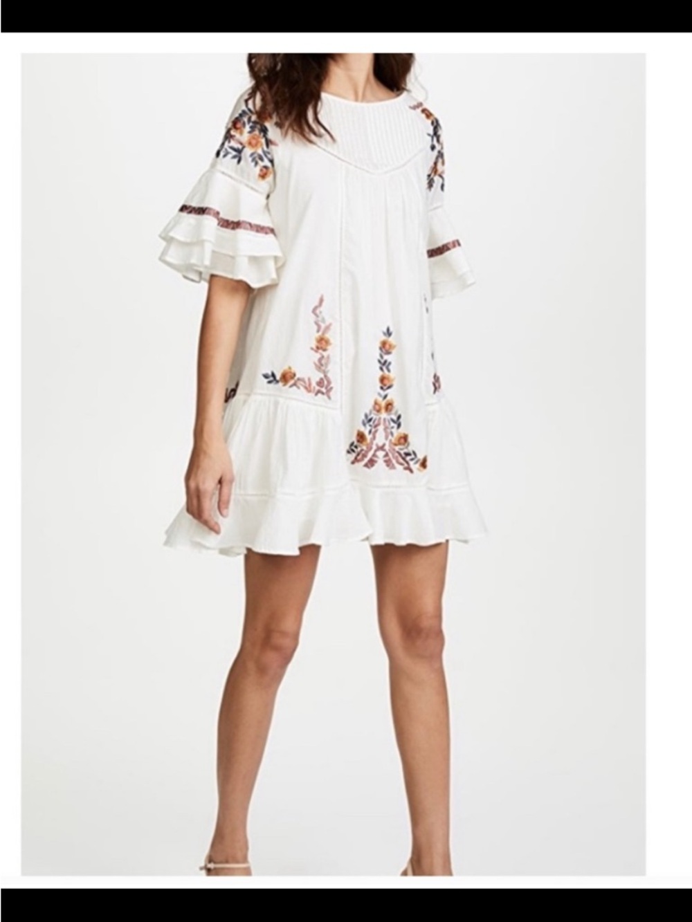 Free People White Embroidered Ruffle-Sleeve Midi Dress